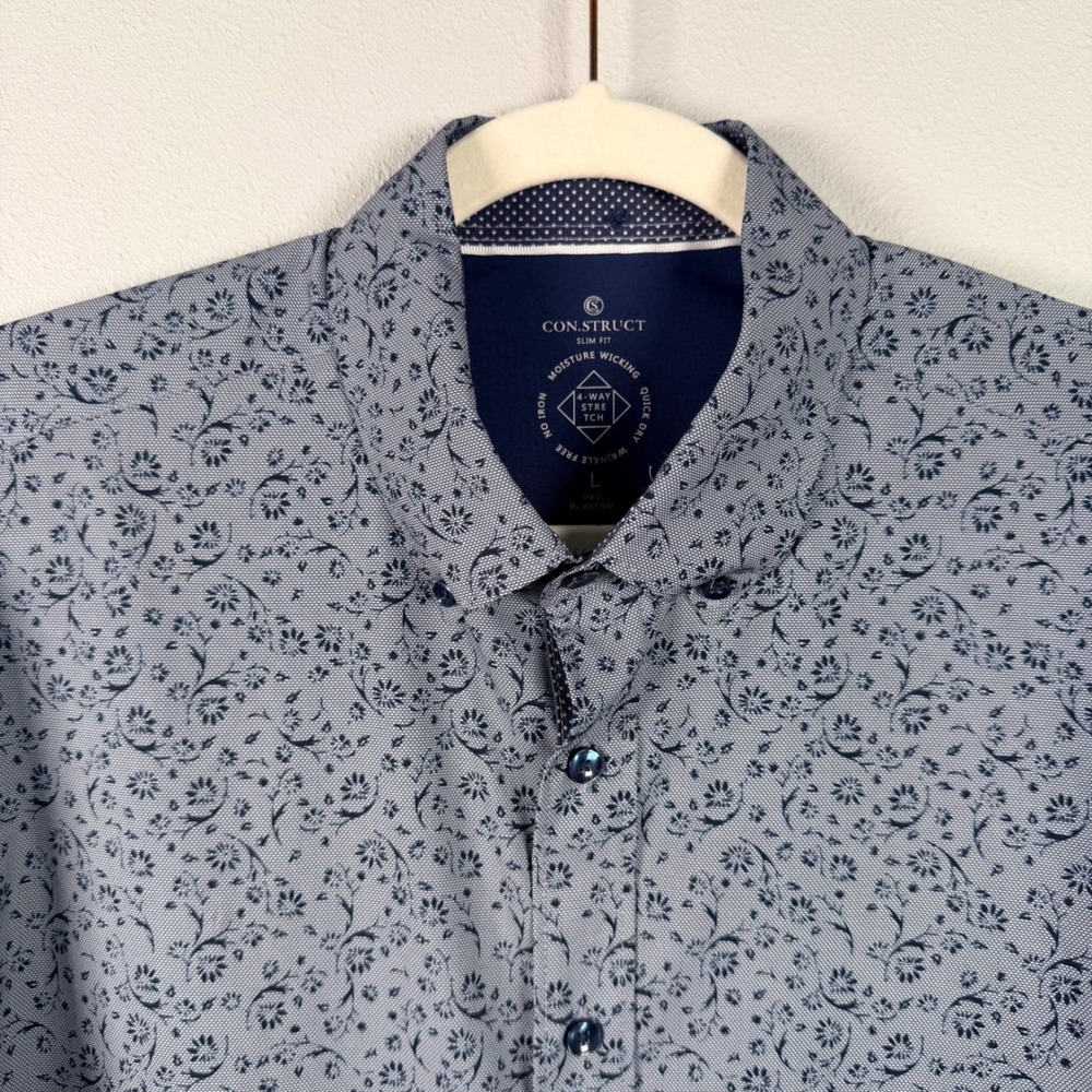 Con.Struct Mens Large Slim Fit Floral Button Down Shirt Blue Long Sleeve Stretch